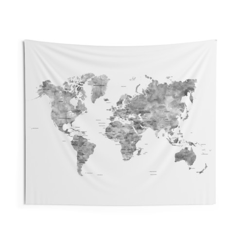 Gray watercolor world map tapestry