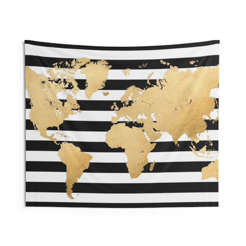 Gold world map tapestry with black and white striped background