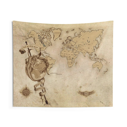 World Map with Fantasy Dragons Tapestry Wall Art