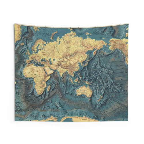 Vintage world map tapestry in blue and gold tones