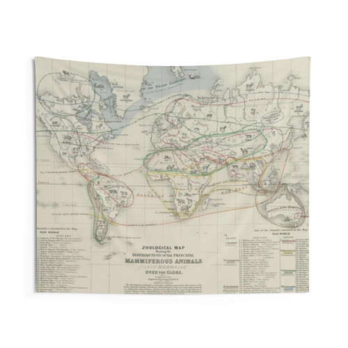 Vintage World Mammals Map Tapestry