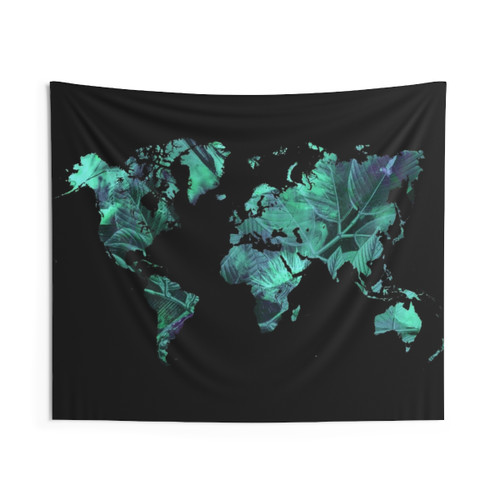 Colorful World Map Tapestry in Blue