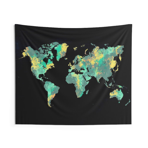 World Map Tapestry with Green and Blue Cartography Art