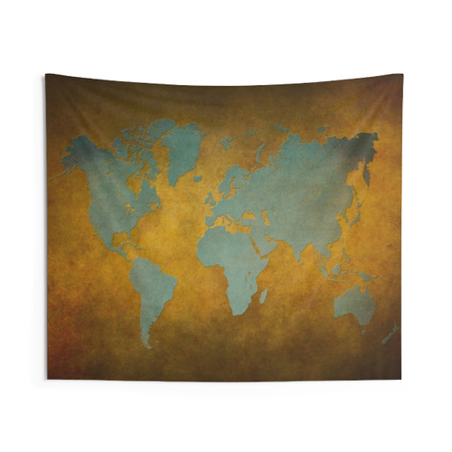 World Map Tapestry in Gold and Green Colors