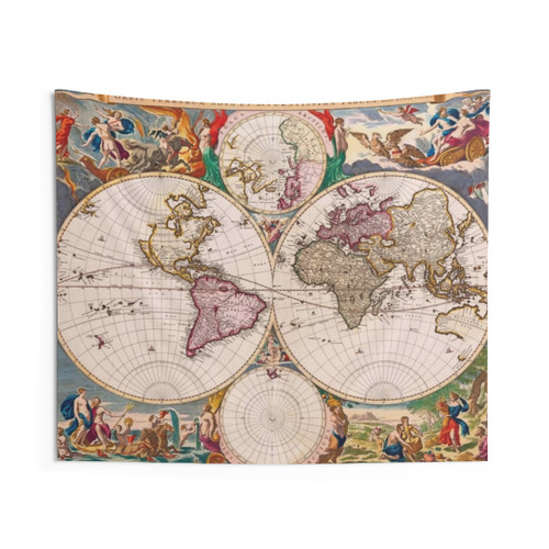 Vintage 1658 Engraved Double Hemisphere World Map Tapestry
