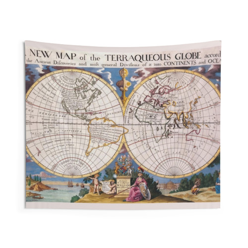 Vintage World Map Tapestry - Rare 1700s Engraved Double Hemisphere Map