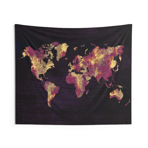 World Map Tapestry with Red and Yellow Accents