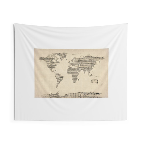 World Map Tapestry Featuring Vintage Sheet Music Design