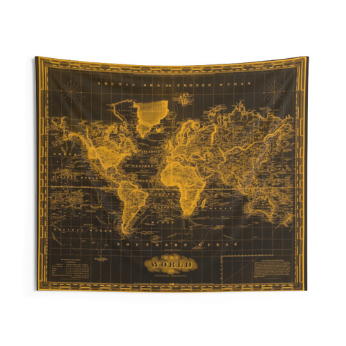 Vintage World Map Tapestry - Black & Orange