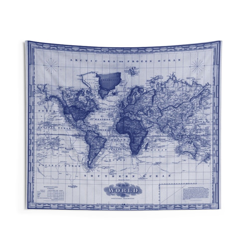 Vintage World Map Tapestry - Blue & White (1833)