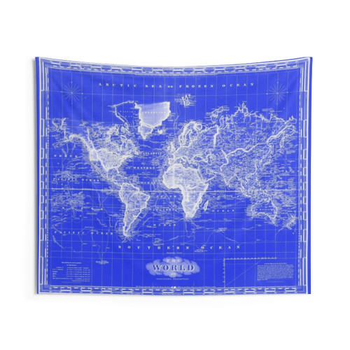 Vintage World Map Tapestry in Blue and White