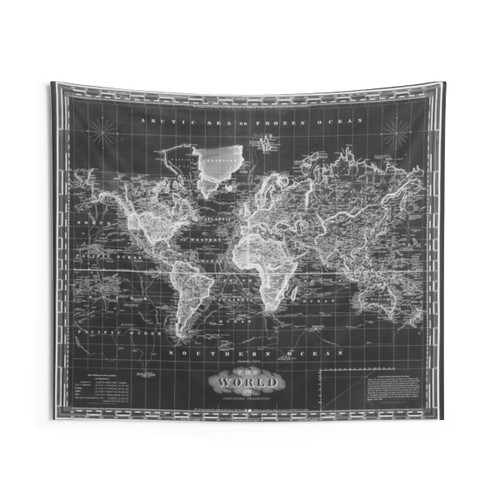 Vintage 1833 World Map Tapestry in Black and White
