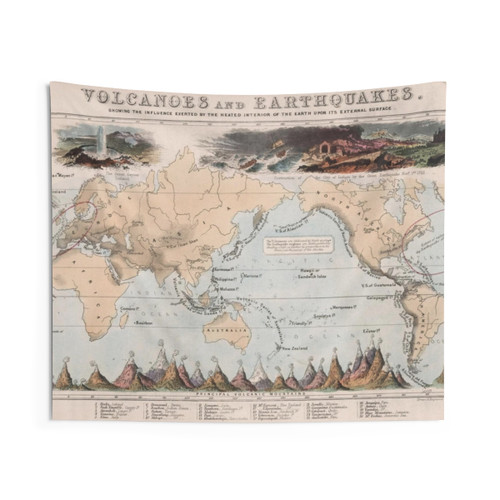 Vintage World Map Tapestry with Volcanoes and Earthquakes