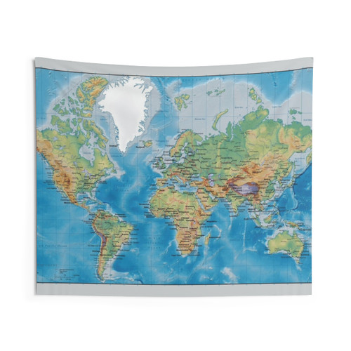 Topographic World Map Tapestry - Detailed Physical Geography