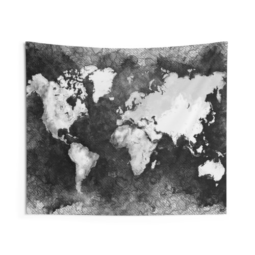 Black and White World Map Tapestry