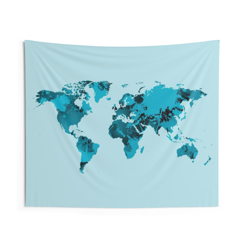 Decorative world map tapestry with blue stains