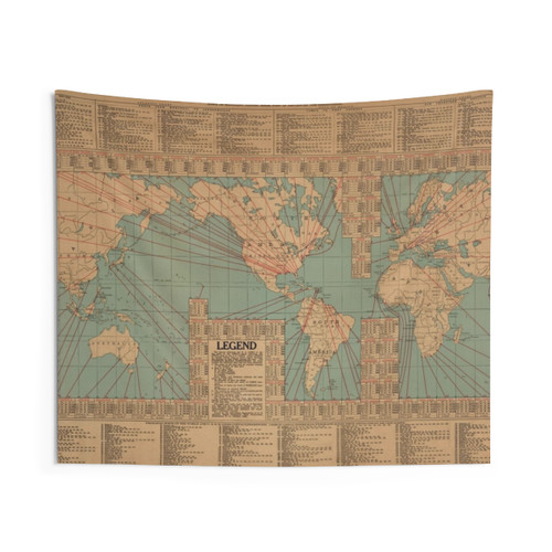 Vintage World Map Tapestry Featuring Shipping Routes and Speeds
