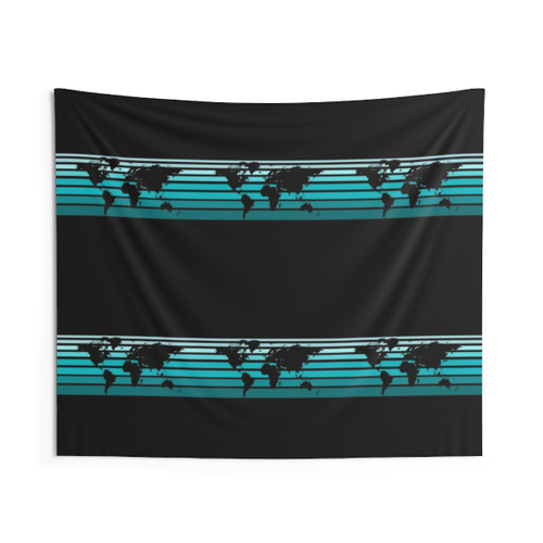 World Map Teal Ombre Stripes Tapestry