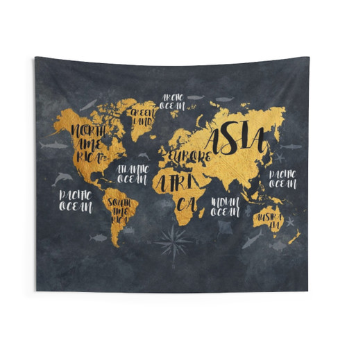 World Map Tapestry with Gold Accents