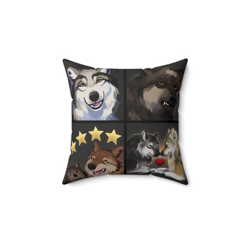 WolfQuest Find a Mate Pillow featuring game characters and icons