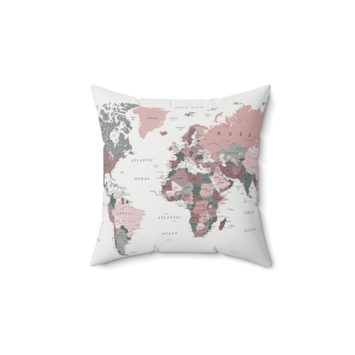 World Map Decorative Throw Pillow in Pink and Green