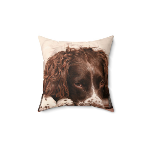 Soft, plush pillow featuring an illustration of an English Springer Spaniel dog