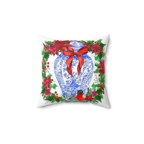 Chinoiserie Christmas pillow with ginger jar and poinsettias design