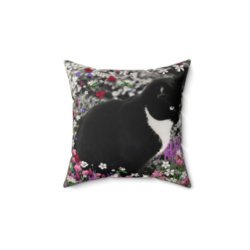 Tuxedo Cat Pillow with Colorful Flower Meadow Design