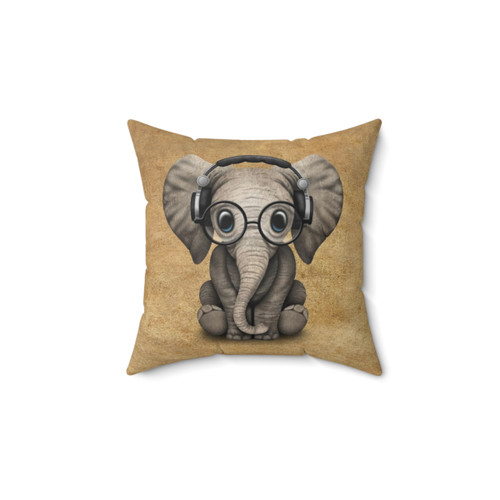 Cute baby elephant DJ wearing headphones and glasses decorative pillow