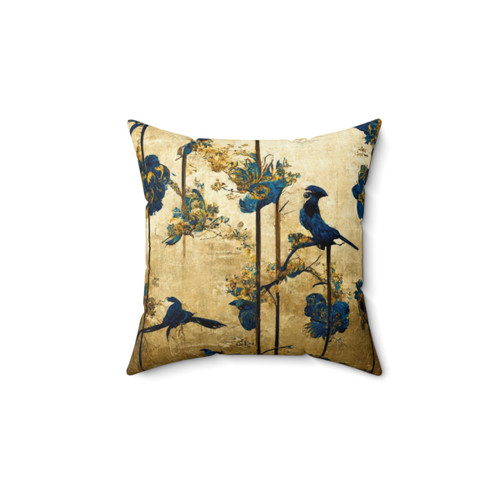 Blue and Gold Chinoiserie Painting with Birds and Flowers Pillow