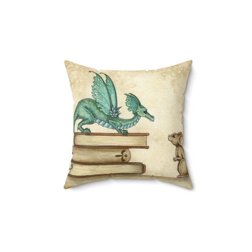 Decorative Pillow Featuring a Curious Dragon and Mouse Reading Books