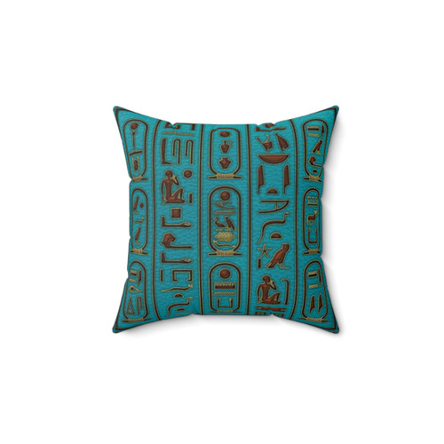 Teal Egyptian leather pillow with embossed hieroglyphics