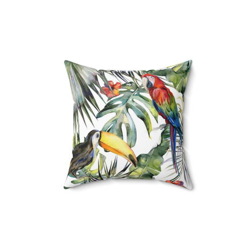 Tropical Jungle Throw Pillow with Watercolor Floral and Bird Motif