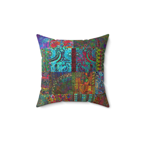 Vibrant, colorful bohemian-style pillow with a collage pattern