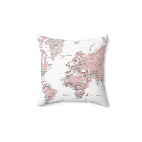 Dusty Pink and Grey Watercolor World Map Pillow