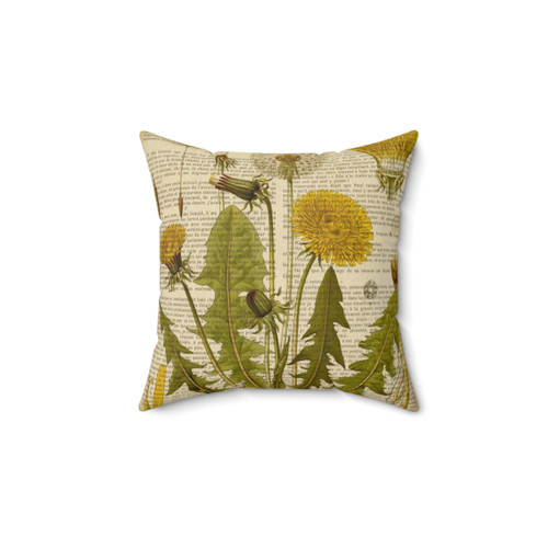 Botanical Print Pillow with Dandelion Flowers on Aged Book Page