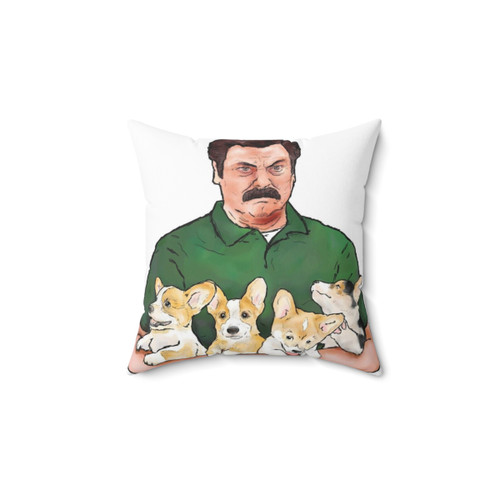 Ron Swanson holding corgi puppies on a decorative pillow