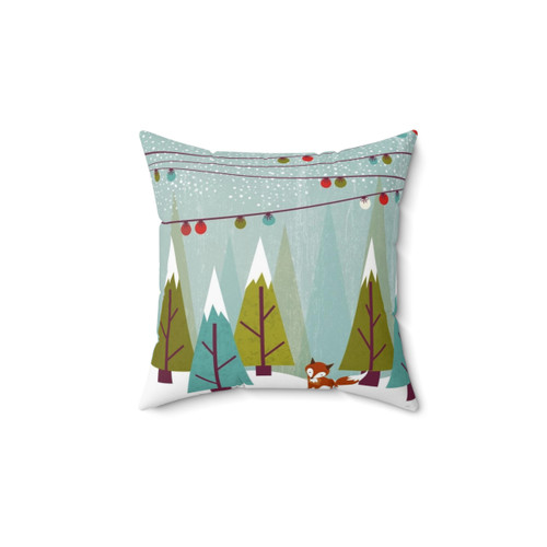 Cozy Winter Pillow with Snowy Forest and Fox Motif