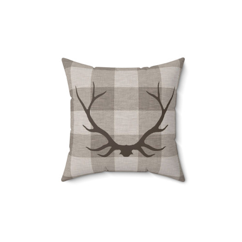 Rustic Plaid Antlers Pillow in Taupe