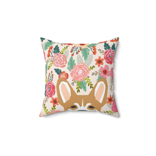 Colorful floral pillow with a corgi pet portrait