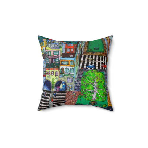 Whimsical city landscape pillow