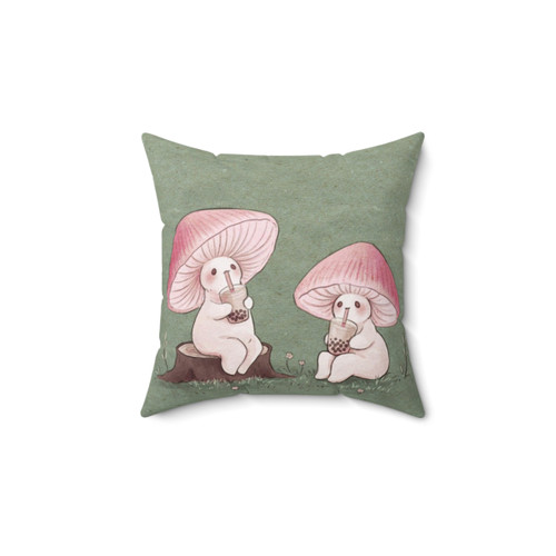 Whimsical Mushroom and Boba Tea Decorative Pillow