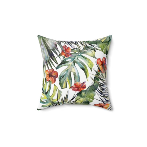Tropical Garden 5 Pillow with Watercolor Leaves and Bird of Paradise