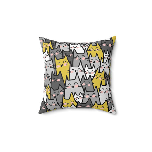 Gray, mustard, and yellow patterned throw pillow featuring a cat party design