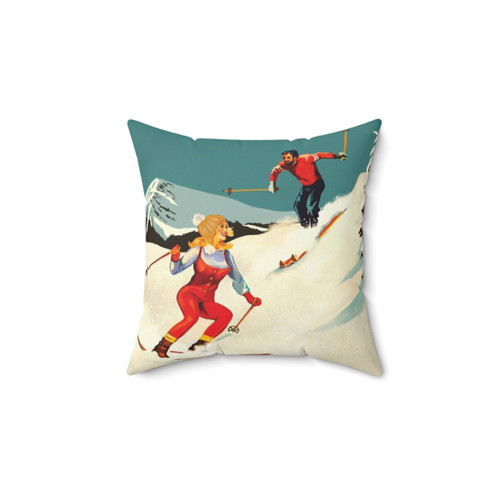 Retro skiing art pillow