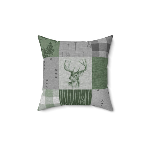 Rustic deer patchwork pillow in green and grey colors