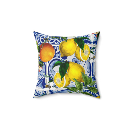 Mediterranean Lemon Pillow with Blue Ceramic Tiles Design