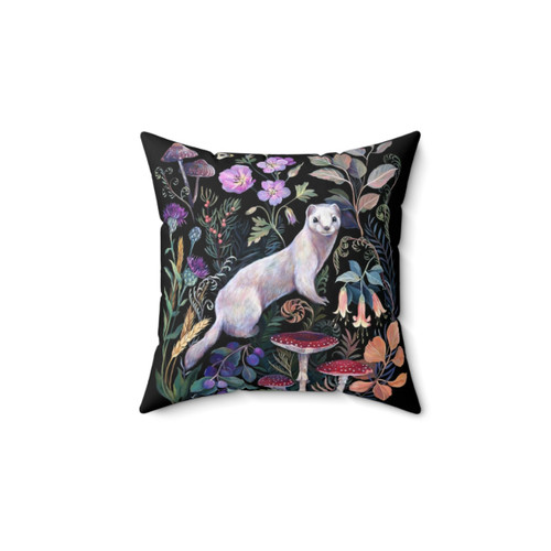 White Ermine Pillow with Floral and Nature Motifs