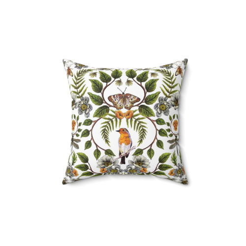 Floral Botanical Pattern Pillow with Birds, Moths, Dragonflies and Flowers