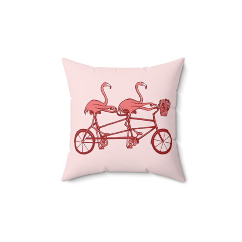 Pink flamingos riding a tandem bicycle pillow